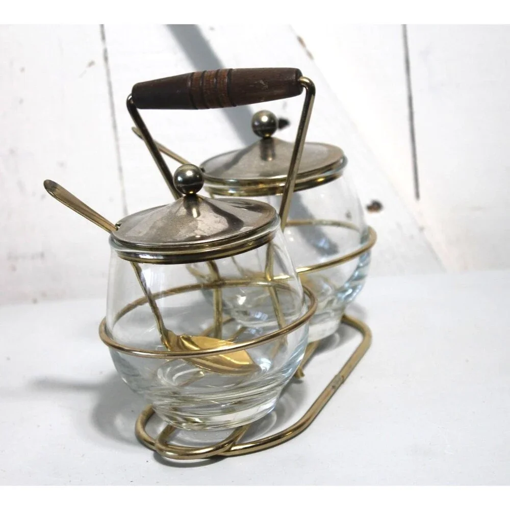 Mid Century Condiment Set Wire Rack Libby Glass Lid/Spoons, Jam, Relish Sauces